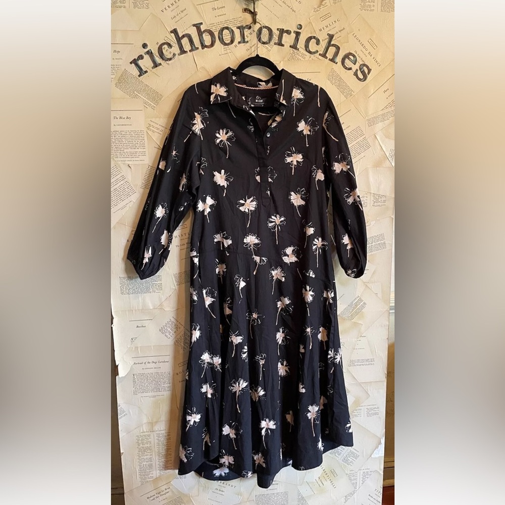 Anthropologie Maeve Button Front Asymmetrical Dress Maxi Daisy Print Black Tan - Picture 6 of 7